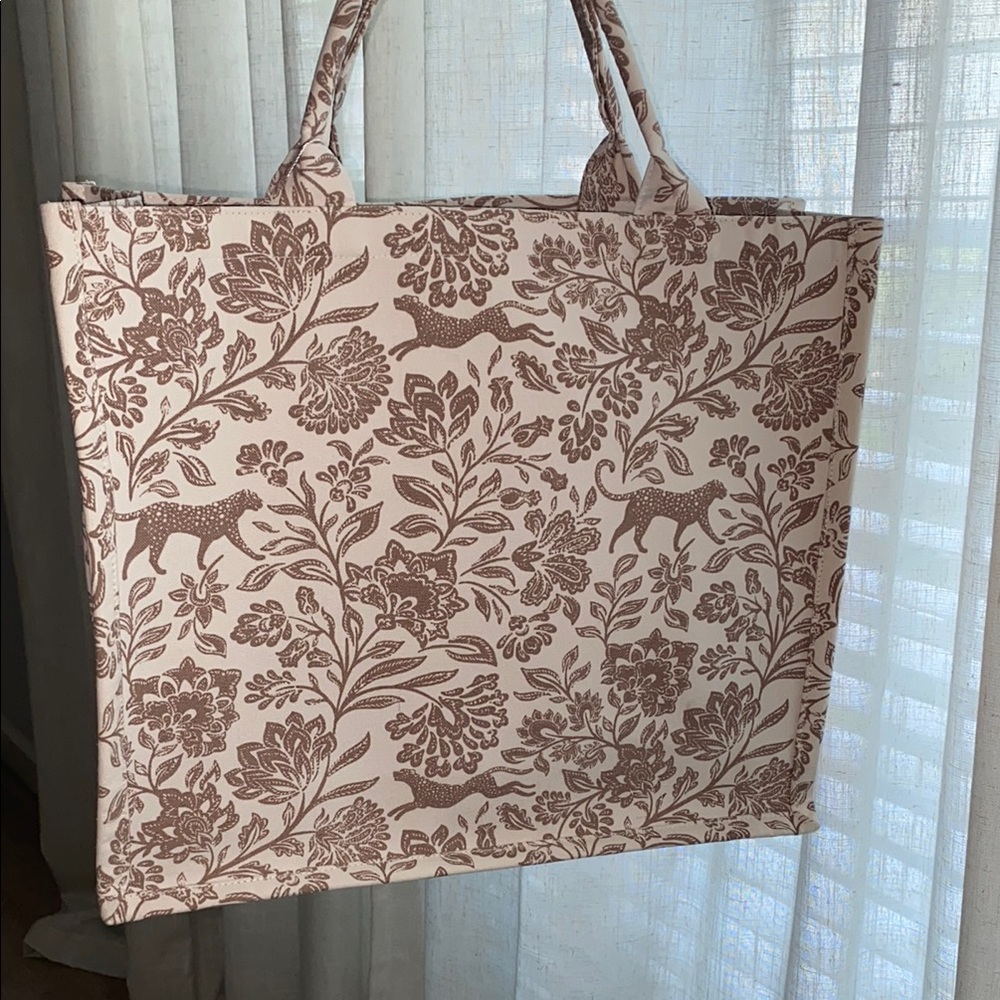 Floral Patterned Tote Bag - Brown and Cream